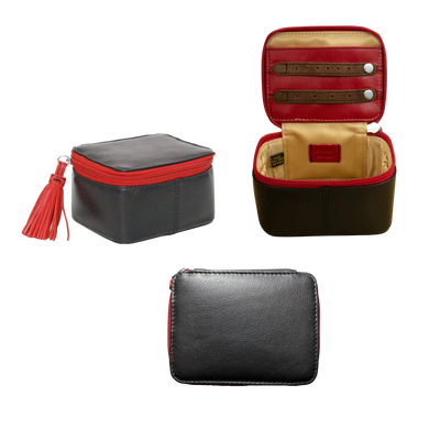 Leather zip-around jewelry travel organizer with tassel zipper puller