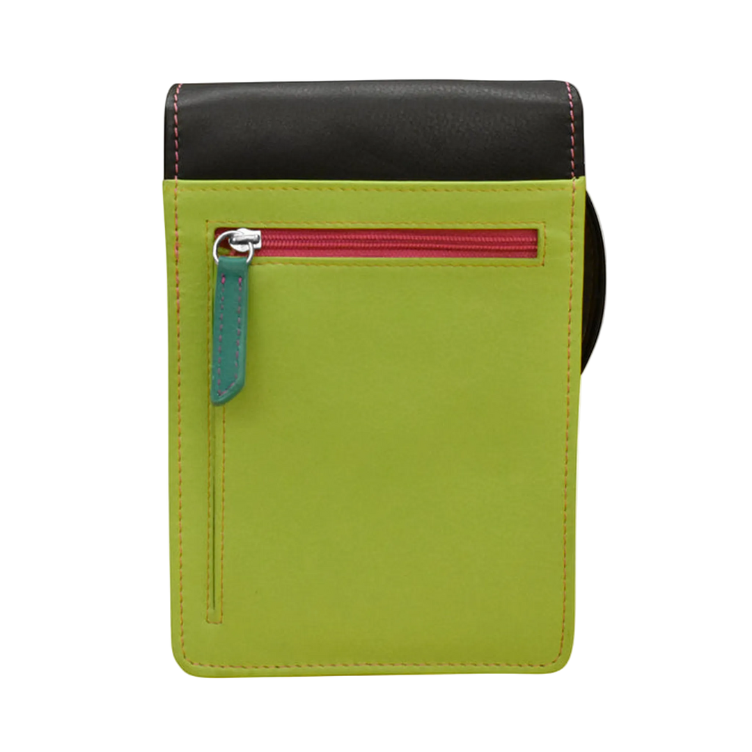 Black Brights pouch with a back zippered pocket and a leather strap
