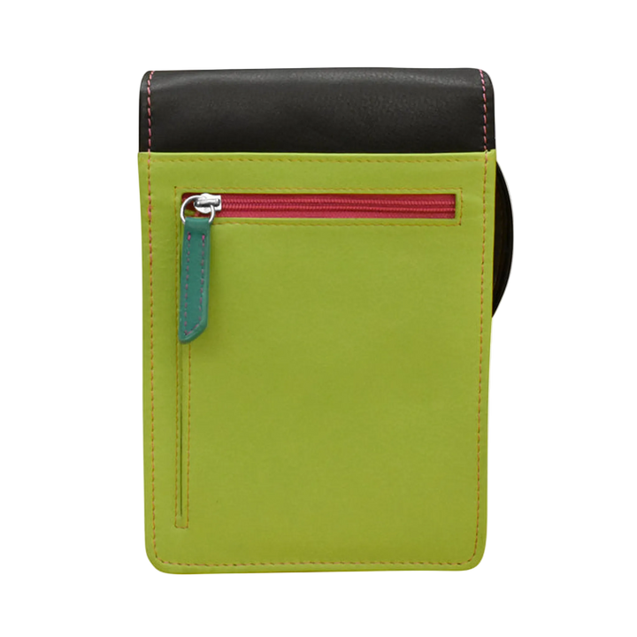 Black Brights pouch with a back zippered pocket and a leather strap