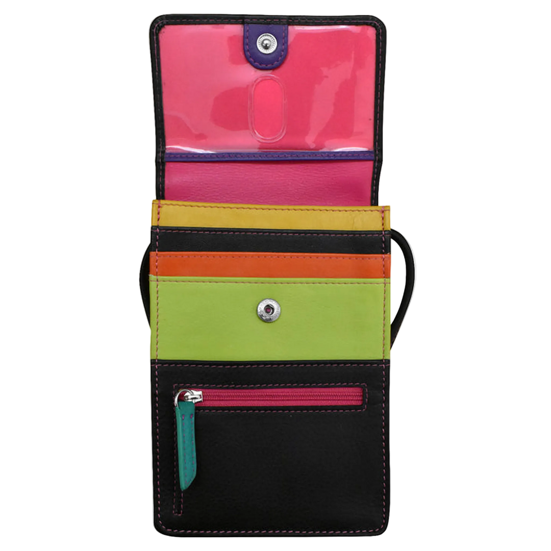Black Brights bag shown open, featuring multiple card slots, a clear plastic ID window at the top and a zippered pocket.