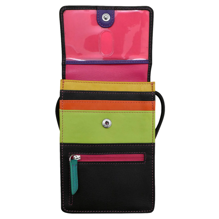 Black Brights bag shown open, featuring multiple card slots, a clear plastic ID window at the top and a zippered pocket.