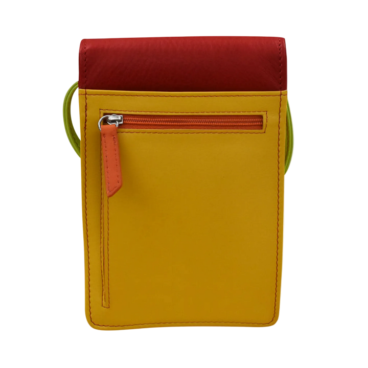 Citrus pouch with a back zippered pocket and a leather strap