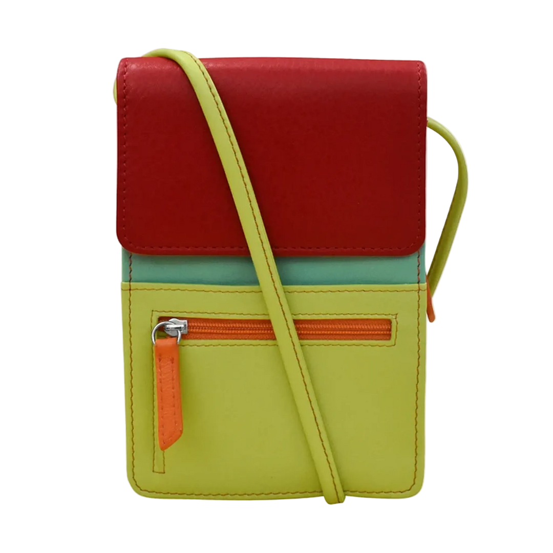 Citrus pouch with a flap, a front zippered pocket, and a leather strap