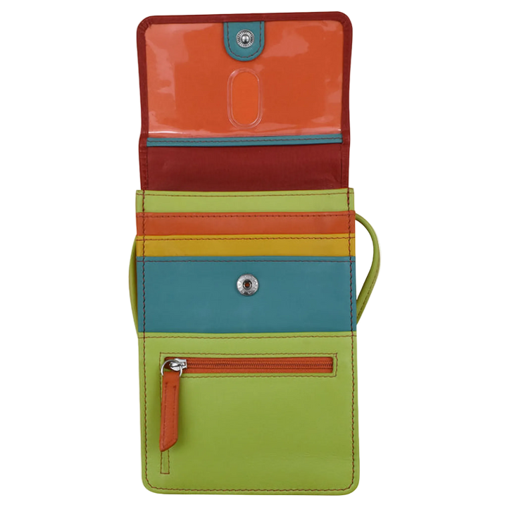 Citrus bag shown open, featuring multiple card slots, a clear plastic ID window at the top and a zippered pocket.