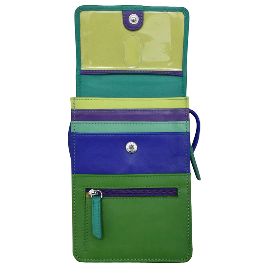 Cool Tropics bag shown open, featuring multiple card slots, a clear plastic ID window at the top and a zippered pocket.