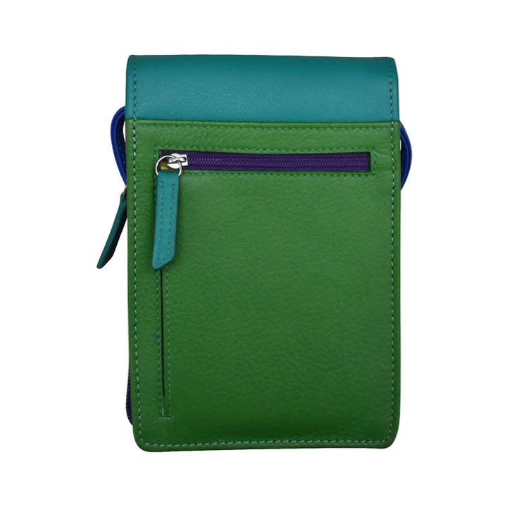 Cool Tropics pouch with a back zippered pocket and a leather strap