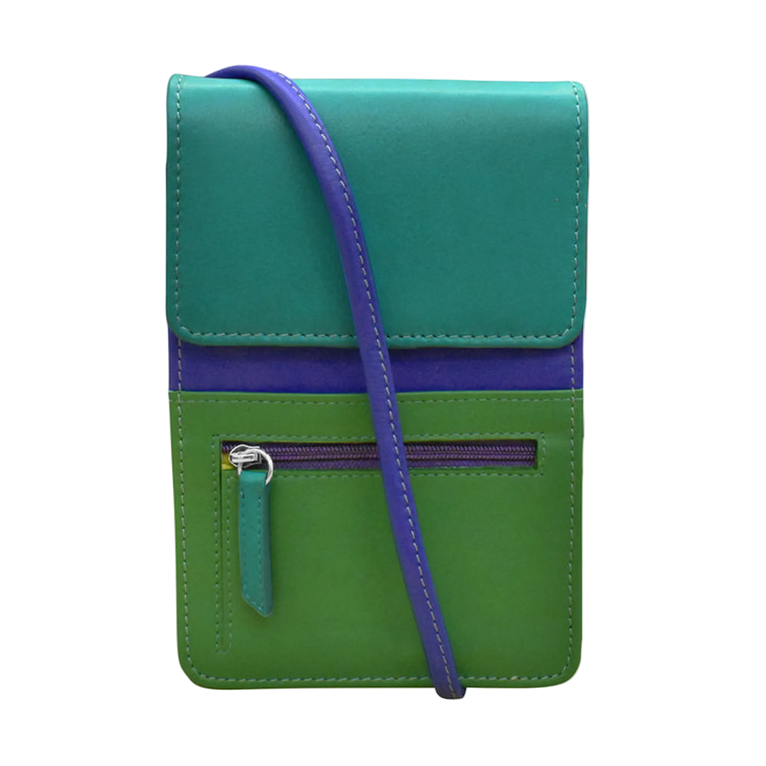 Cool Tropics pouch with a flap, a front zippered pocket, and a leather strap