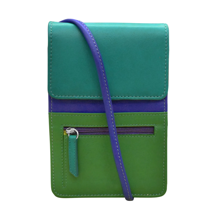 Cool Tropics pouch with a flap, a front zippered pocket, and a leather strap