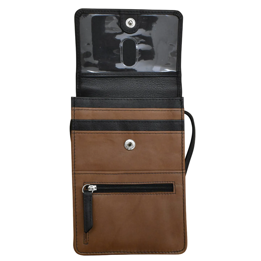 Toffee Brown bag shown open, featuring multiple card slots, a clear plastic ID window at the top and a zippered pocket.