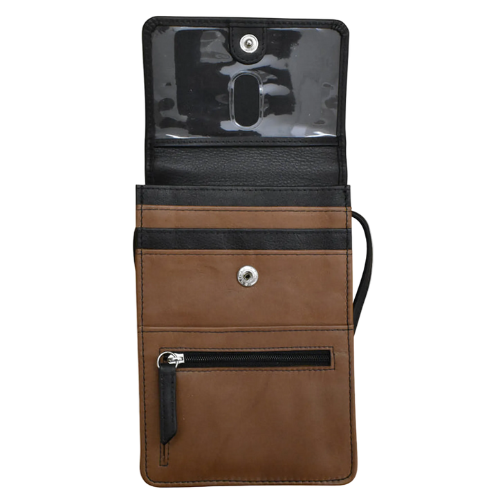 Toffee Brown bag shown open, featuring multiple card slots, a clear plastic ID window at the top and a zippered pocket.