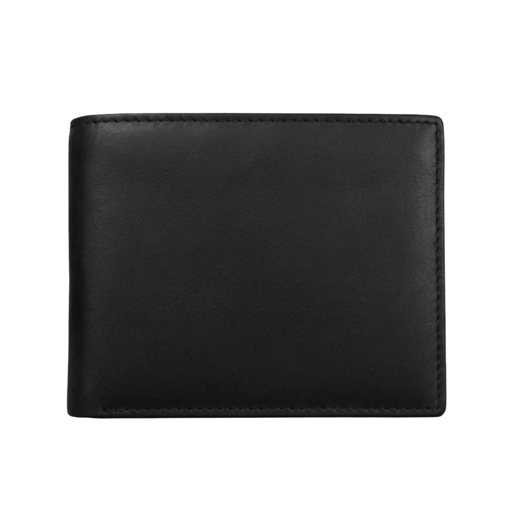 A black leather bifold wallet shown closed