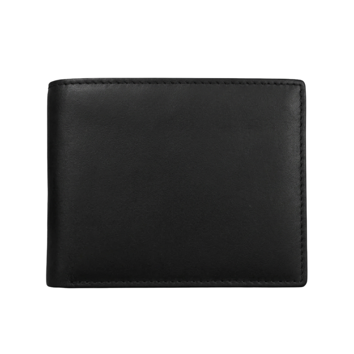 A black leather bifold wallet shown closed