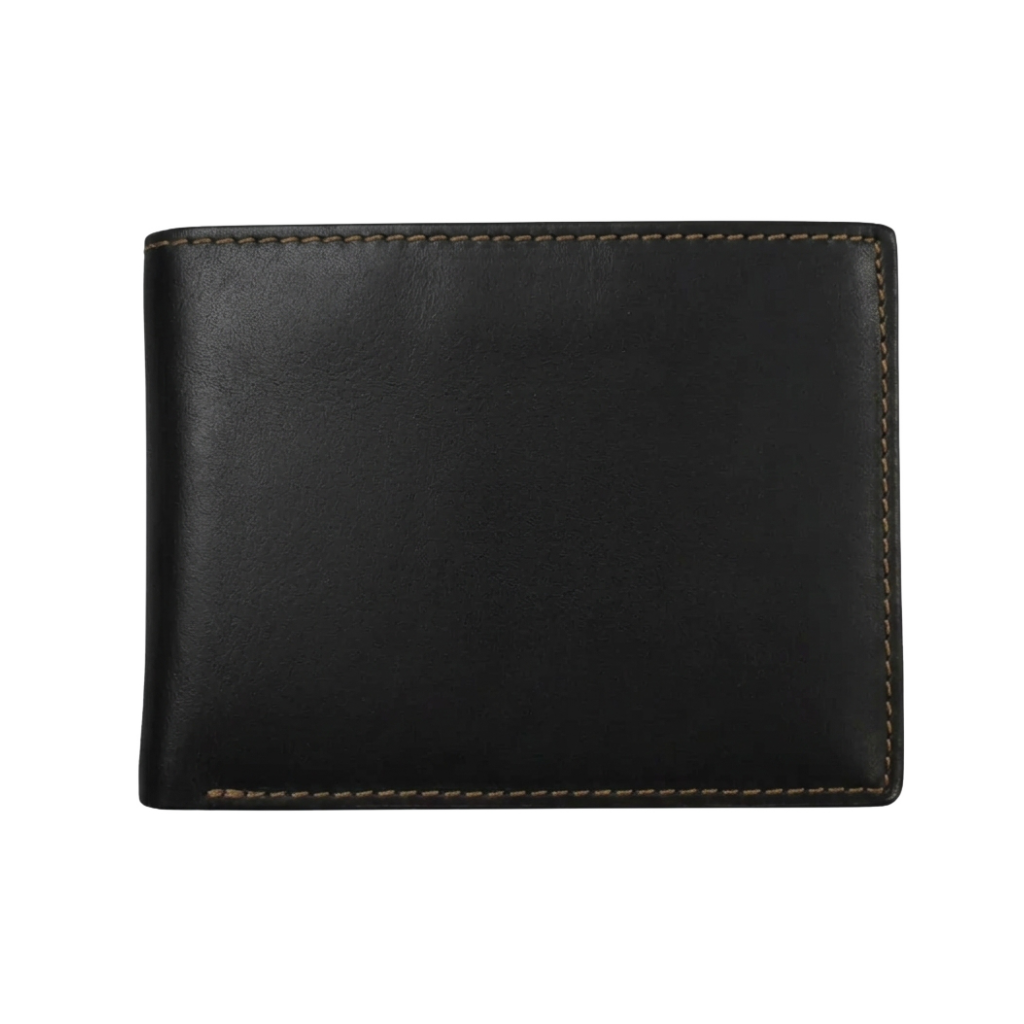 A black toffee leather bifold wallet shown closed