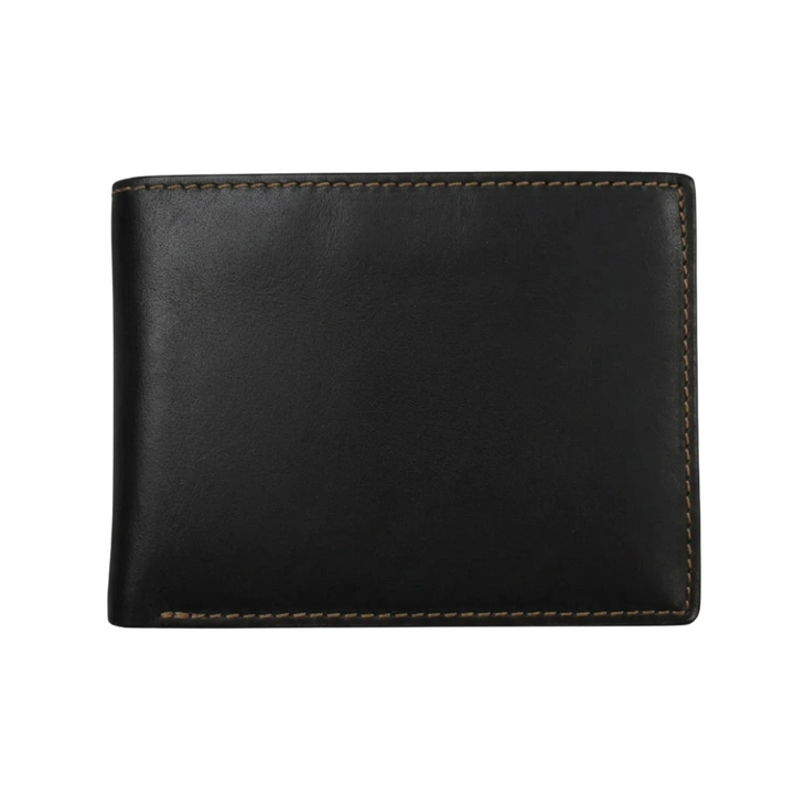 A black toffee leather bifold wallet shown closed