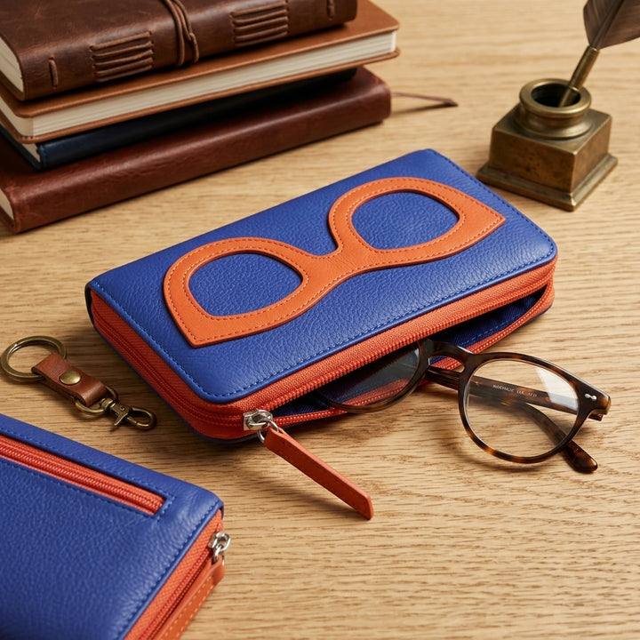 Personalized Leather Eyeglass Case with Zipper and Back Pocket