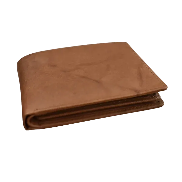 Antique saddle brown leather bifold wallet, angled view