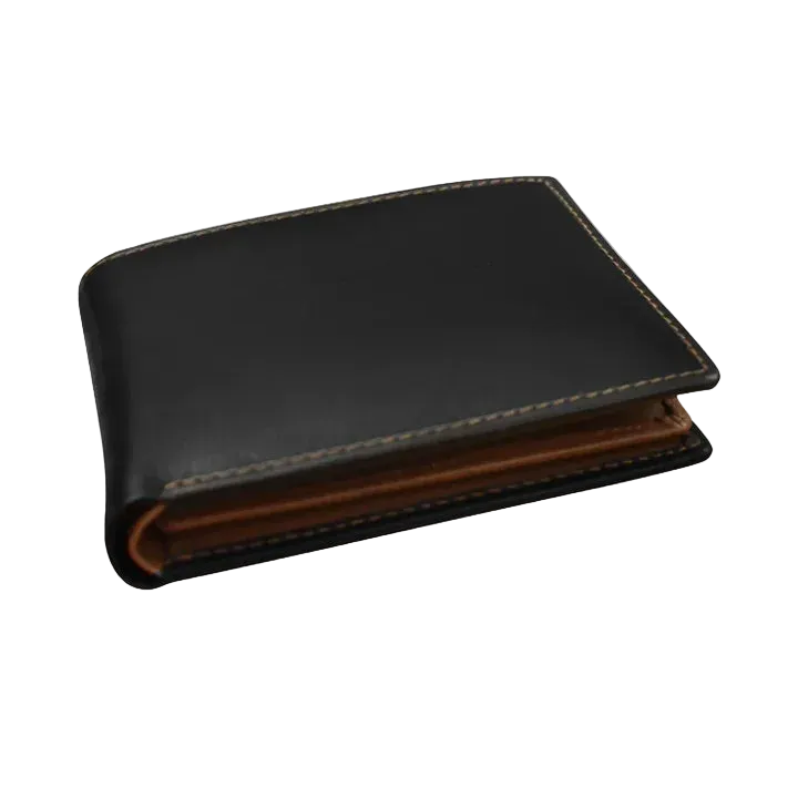 Black exterior with toffee interior leather bifold wallet, angled view