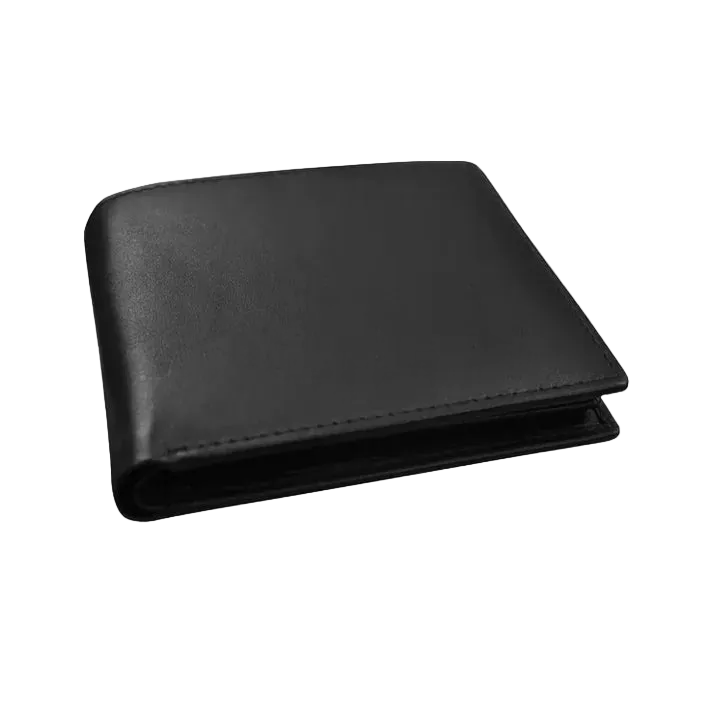 Black leather bifold wallet, angled view