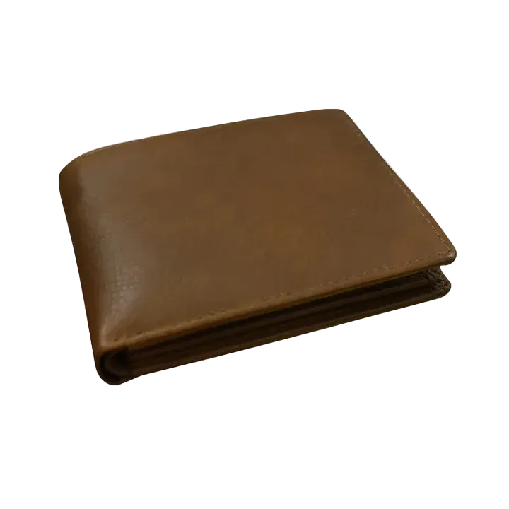Brown leather bifold wallet, angled view