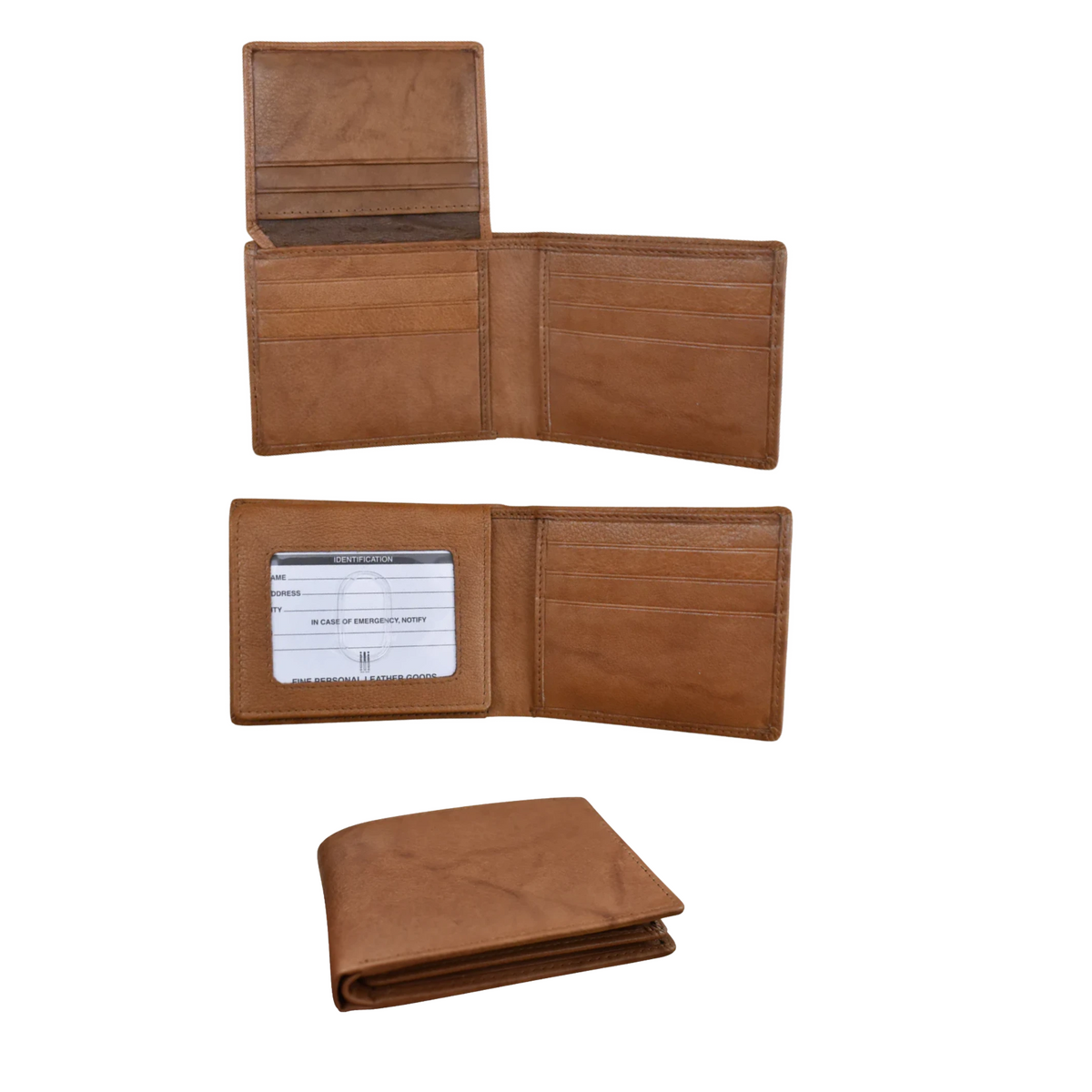 Bifold wallet open showing eight card slots and flip ID window