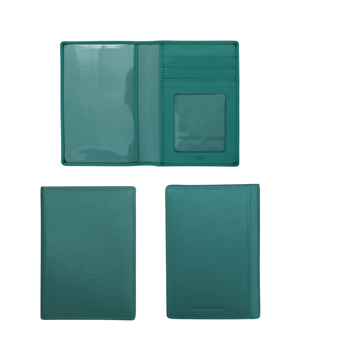 Aqua passport holder, open, showing pocket with clear plastic for passport and address, front and back views