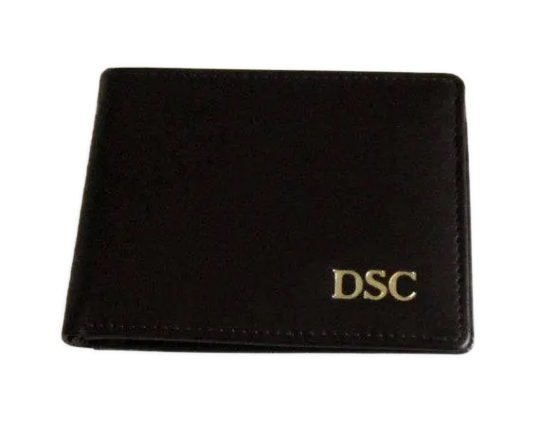 Brown slim leather bifold wallet with monogram