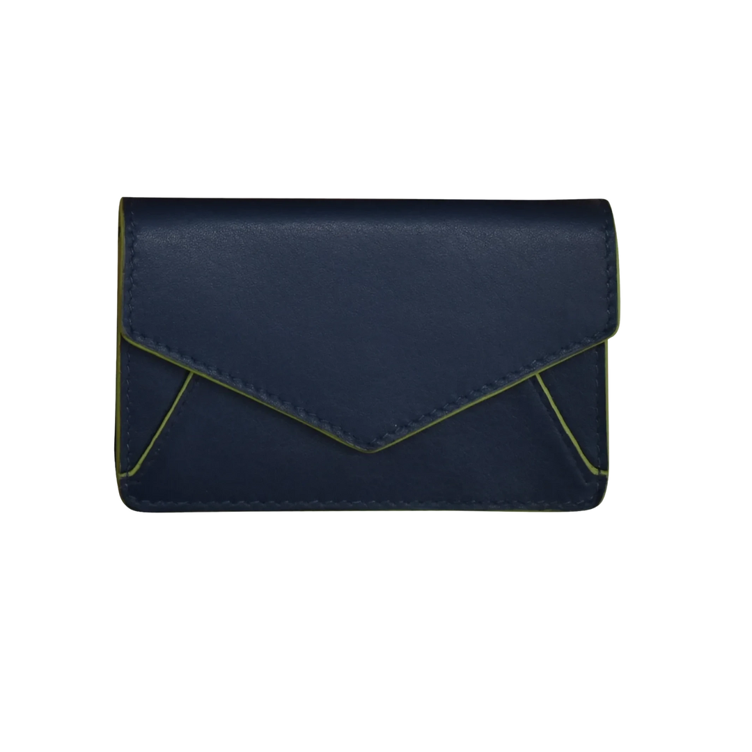 Classic navy leather business card holder with pear green edges
