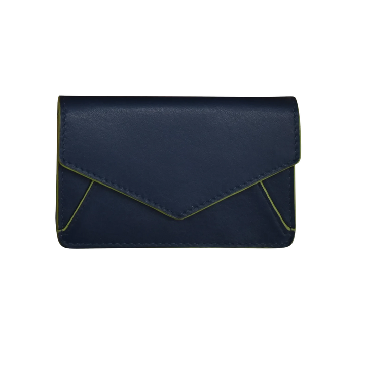 Classic navy leather business card holder with pear green edges