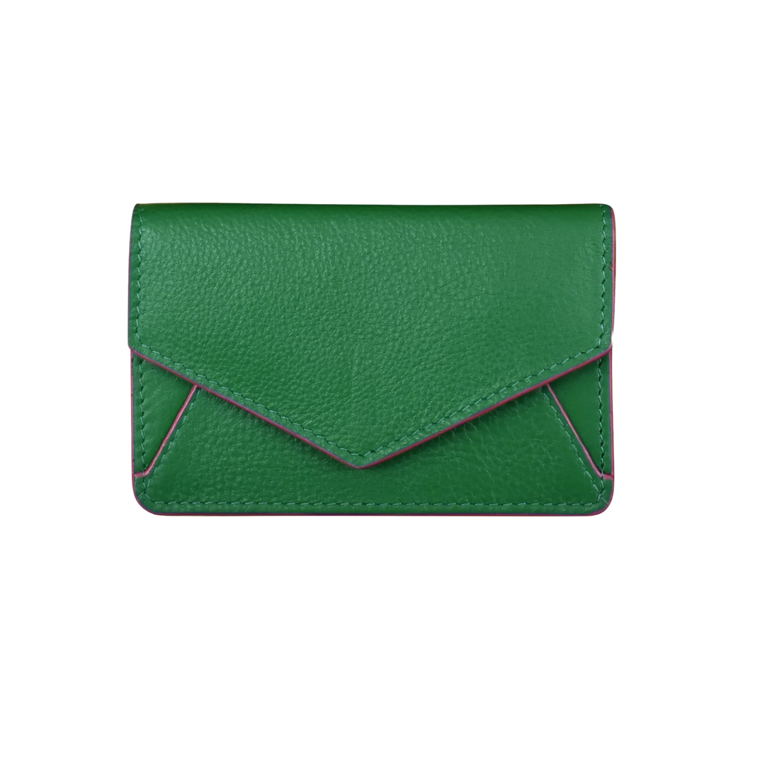 Emerald green leather business card holder with fuchsia edges