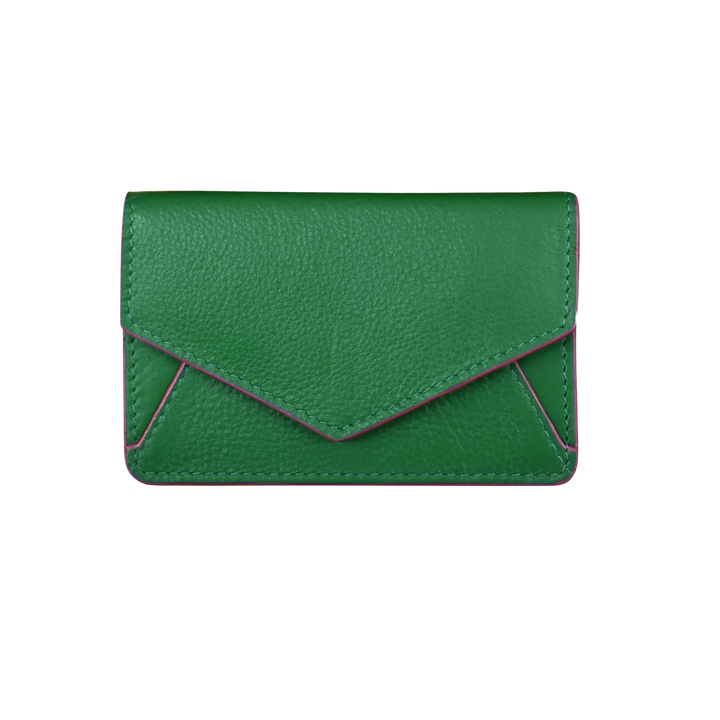 Emerald green leather business card holder with fuchsia edges