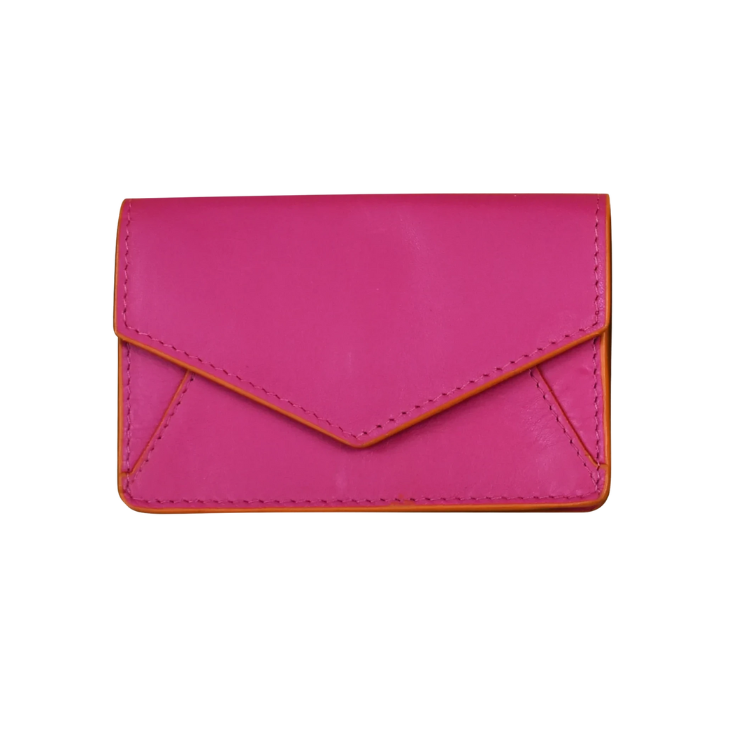 Fuchsia leather business card holder with orange edges