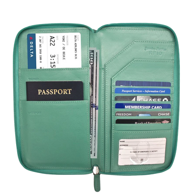 Zipped Travel Wallet for passports, tickets, currencies, 7 credit cards and other documents
