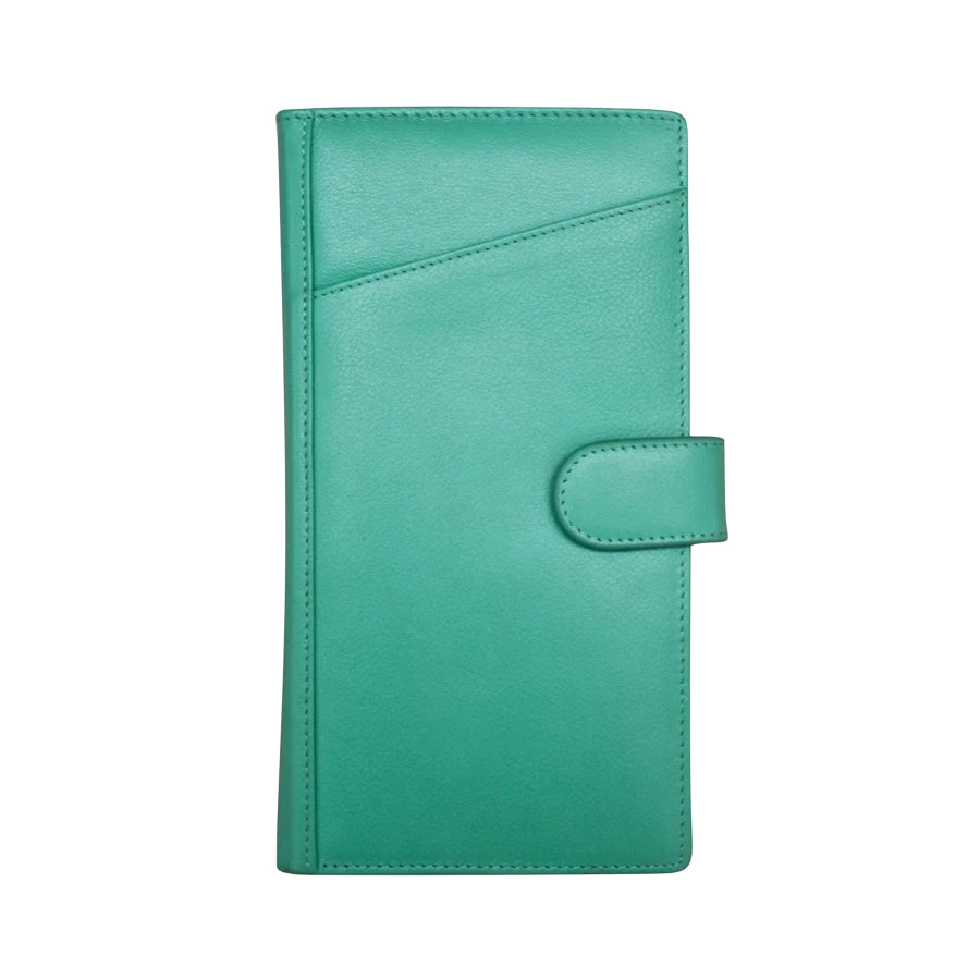 Turquoise leather travel wallet, closed